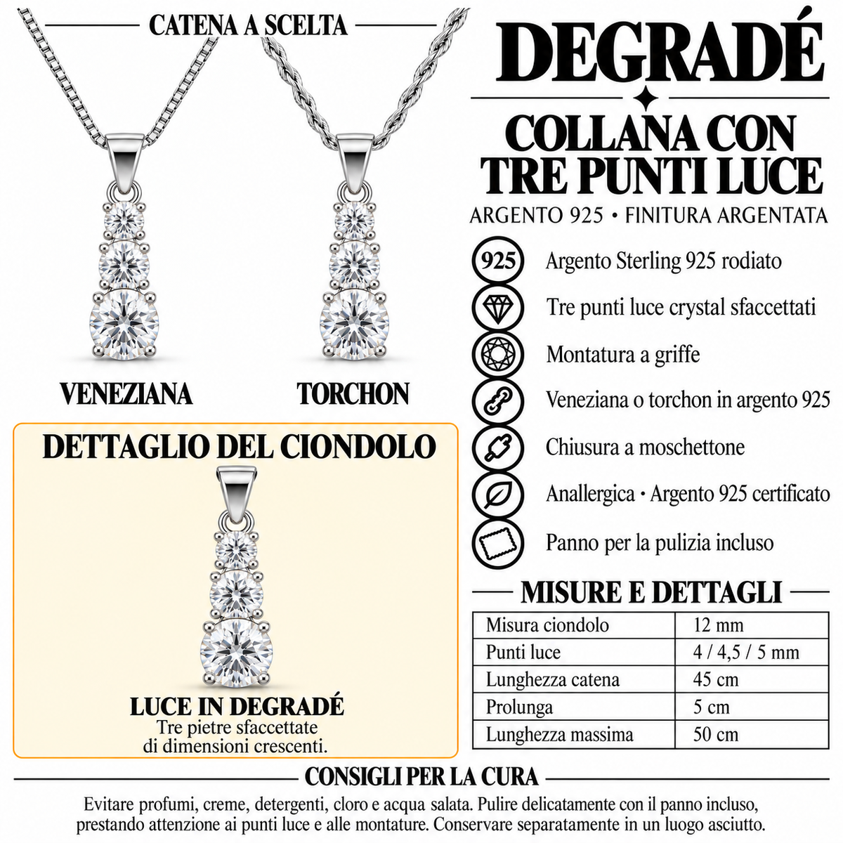Collana con Tre Punti luce Degradè in Argento 925