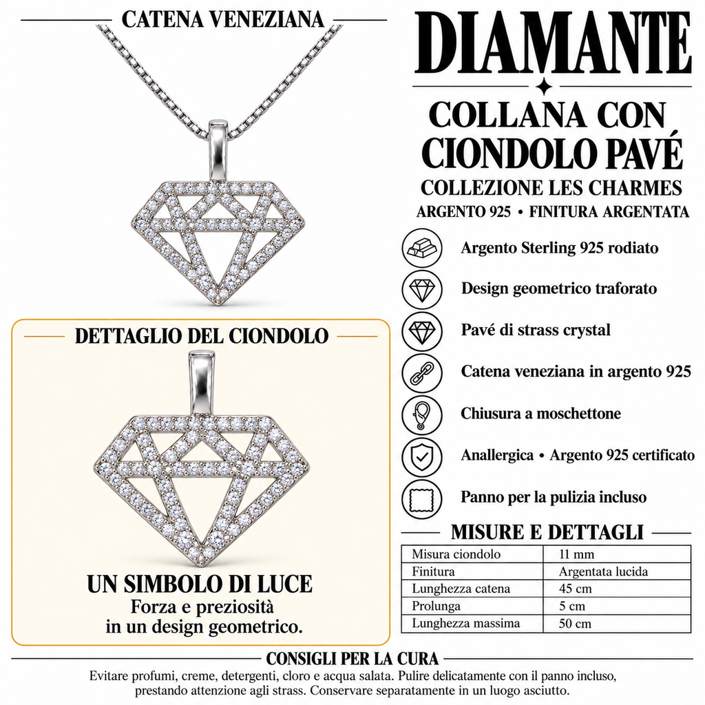 Collana con Ciondolo Diamante strass in Argento 925
