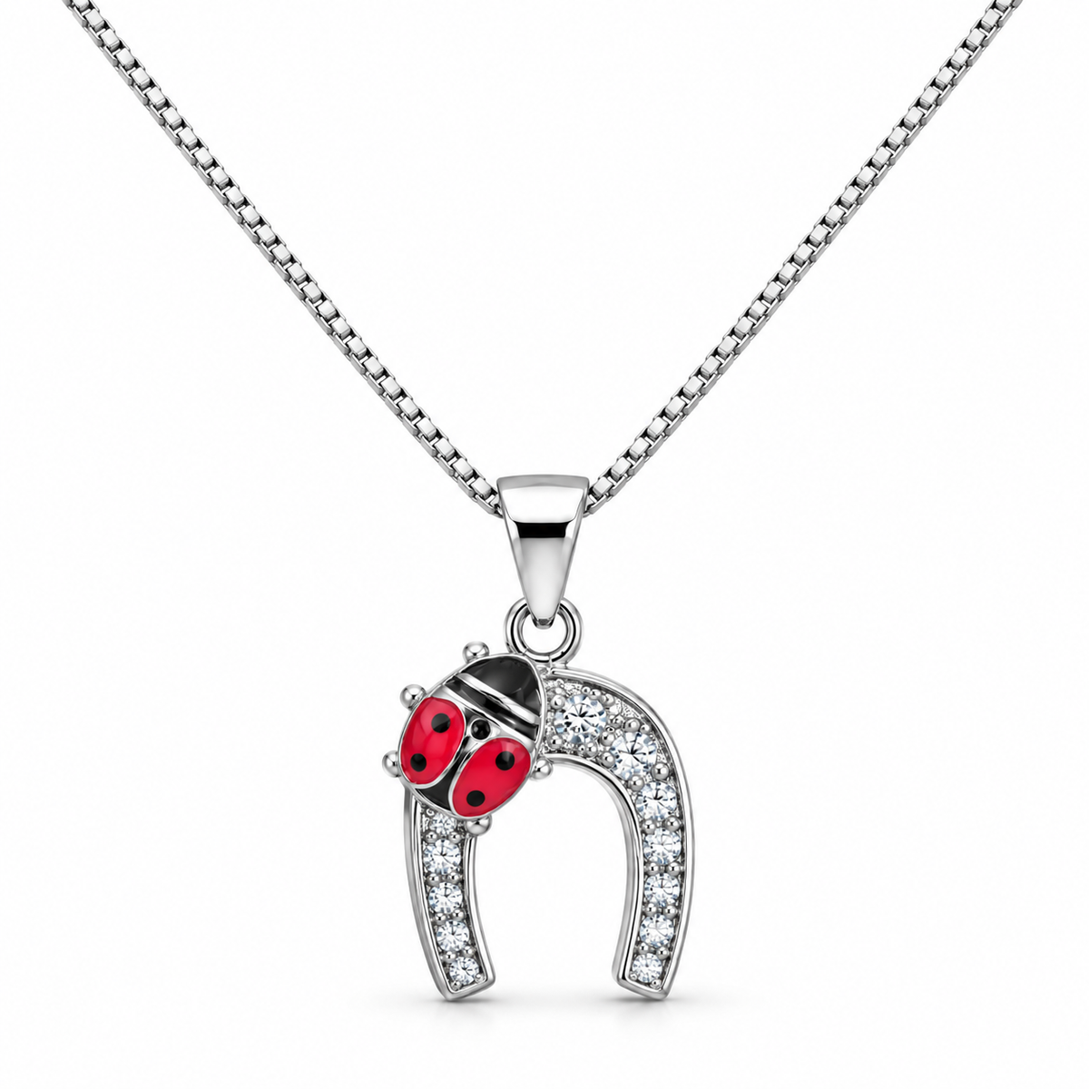 Collana con Ciondolo Ferro di Cavallo e Coccinella in Argento 925