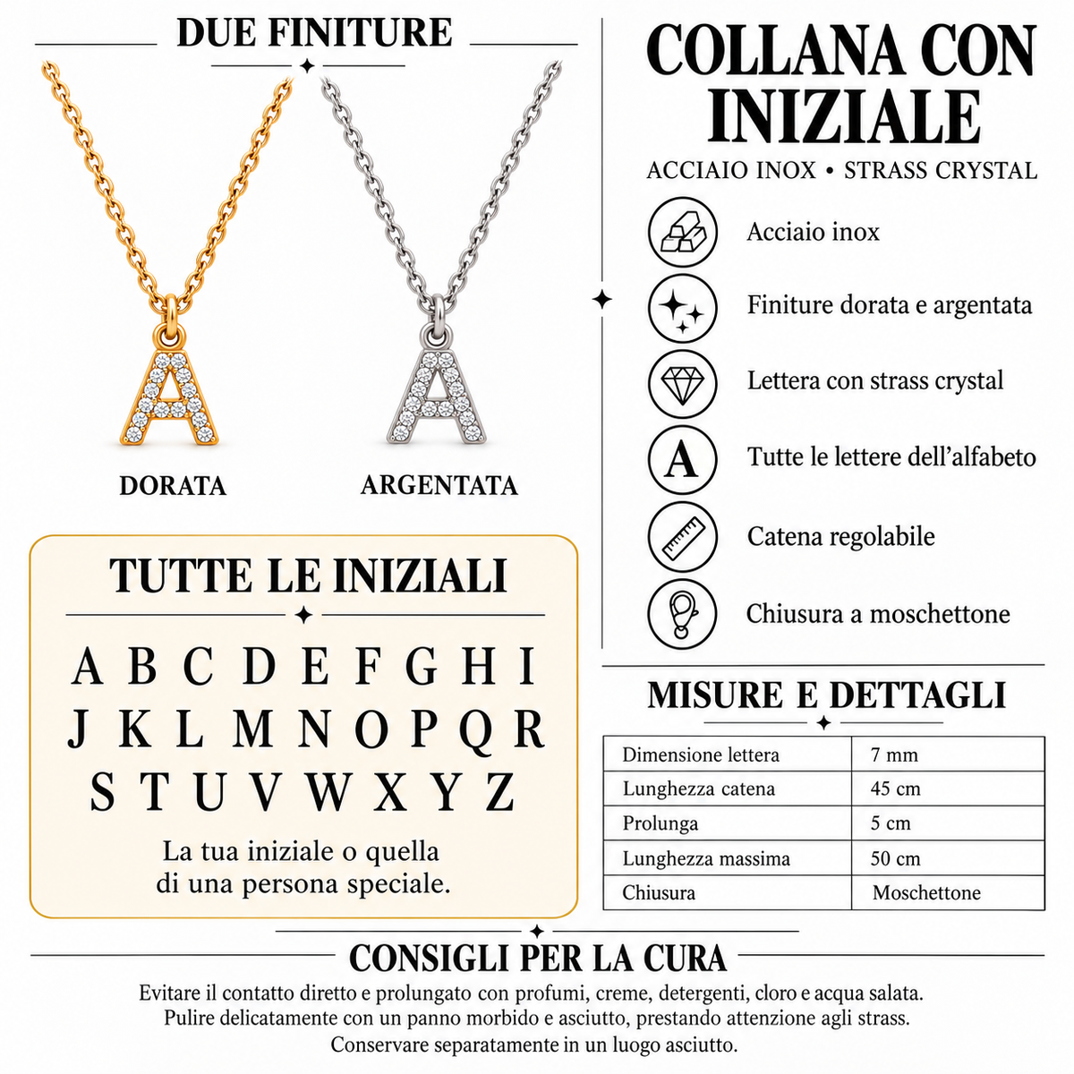 Collana Iniziale con strass in acciaio inox