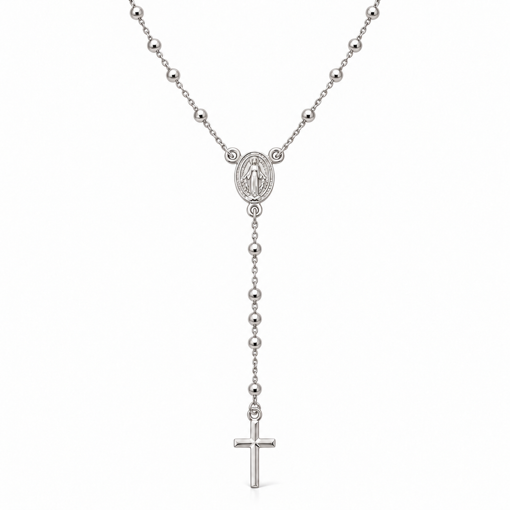 Collana Rosario con Crocifisso pendente e Sfere da 1,5mm in Argento 925 rodiato