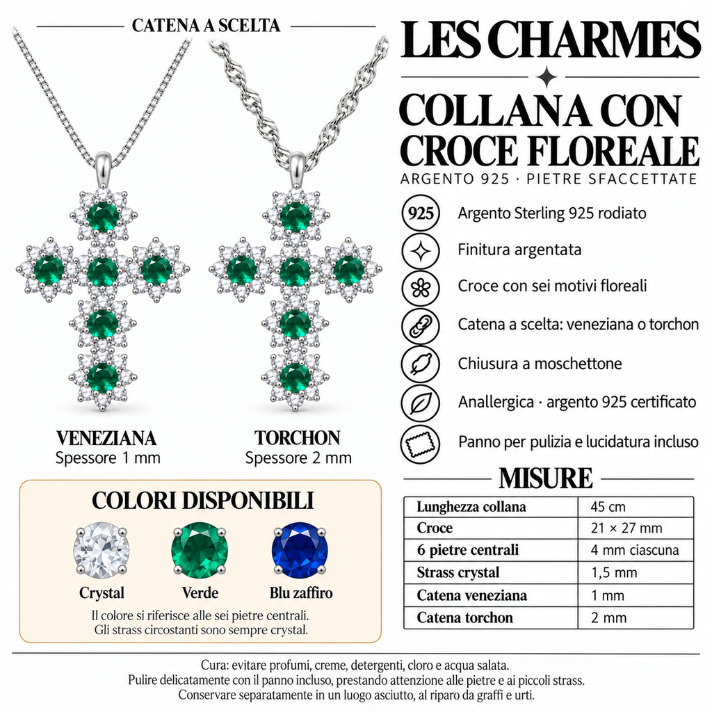 Collana Croce Floreale e pietre in Argento 925