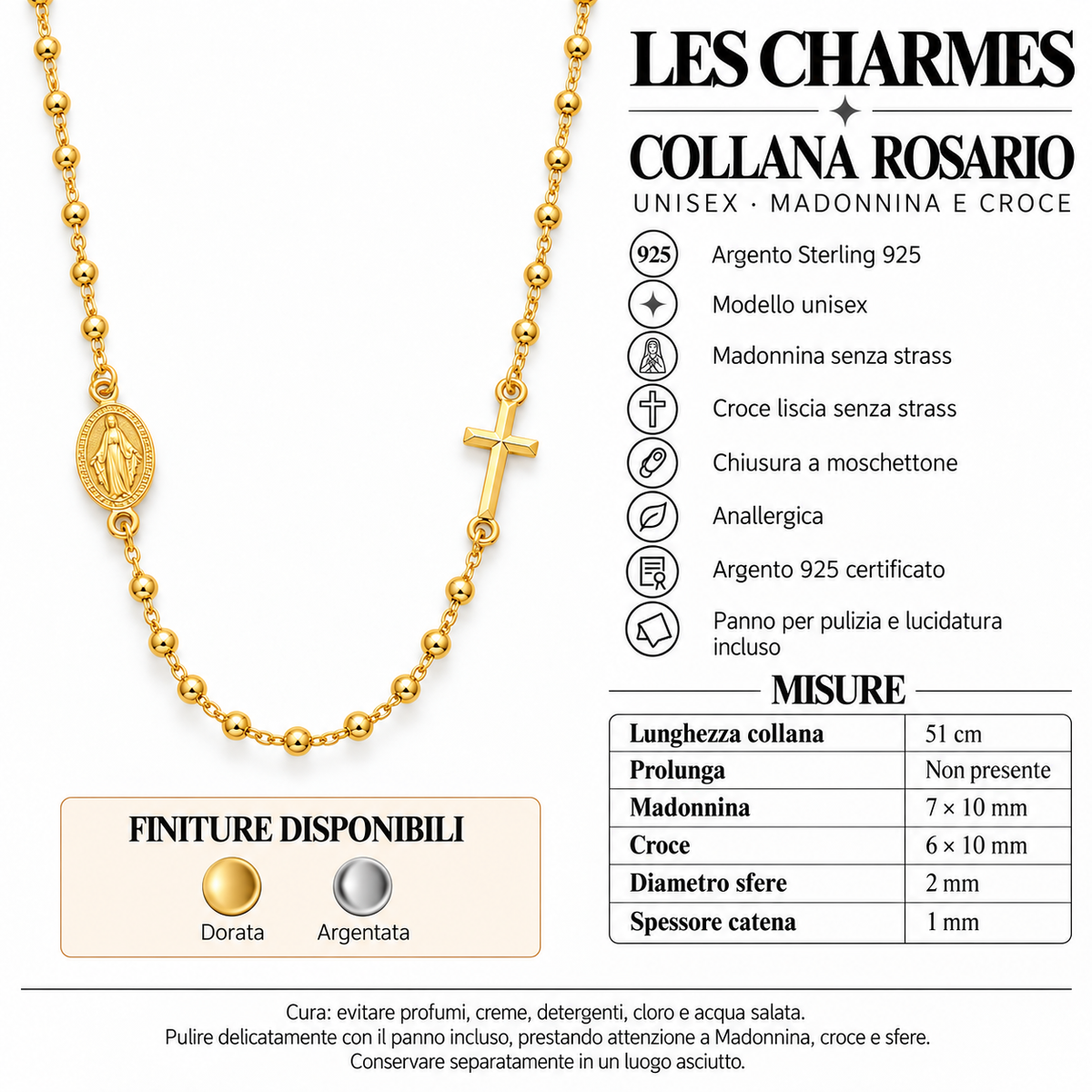 Collana Rosario Sfere da 2mm in Argento 925 rodiato