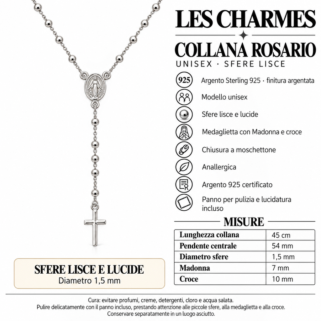 Collana Rosario con Crocifisso pendente e Sfere da 2mm in Argento 925 rodiato