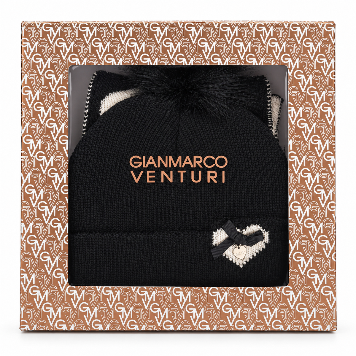 Set Regalo Donna Gianmarco Venturi con Sciarpa a Cuori e Cappello con Pompon