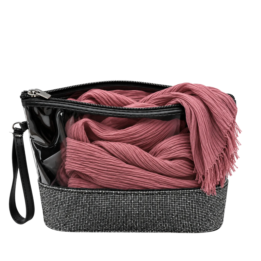 Set Regalo Donna con Sciarpa Effetto Stropicciato e Pochette Gioiello con Strass