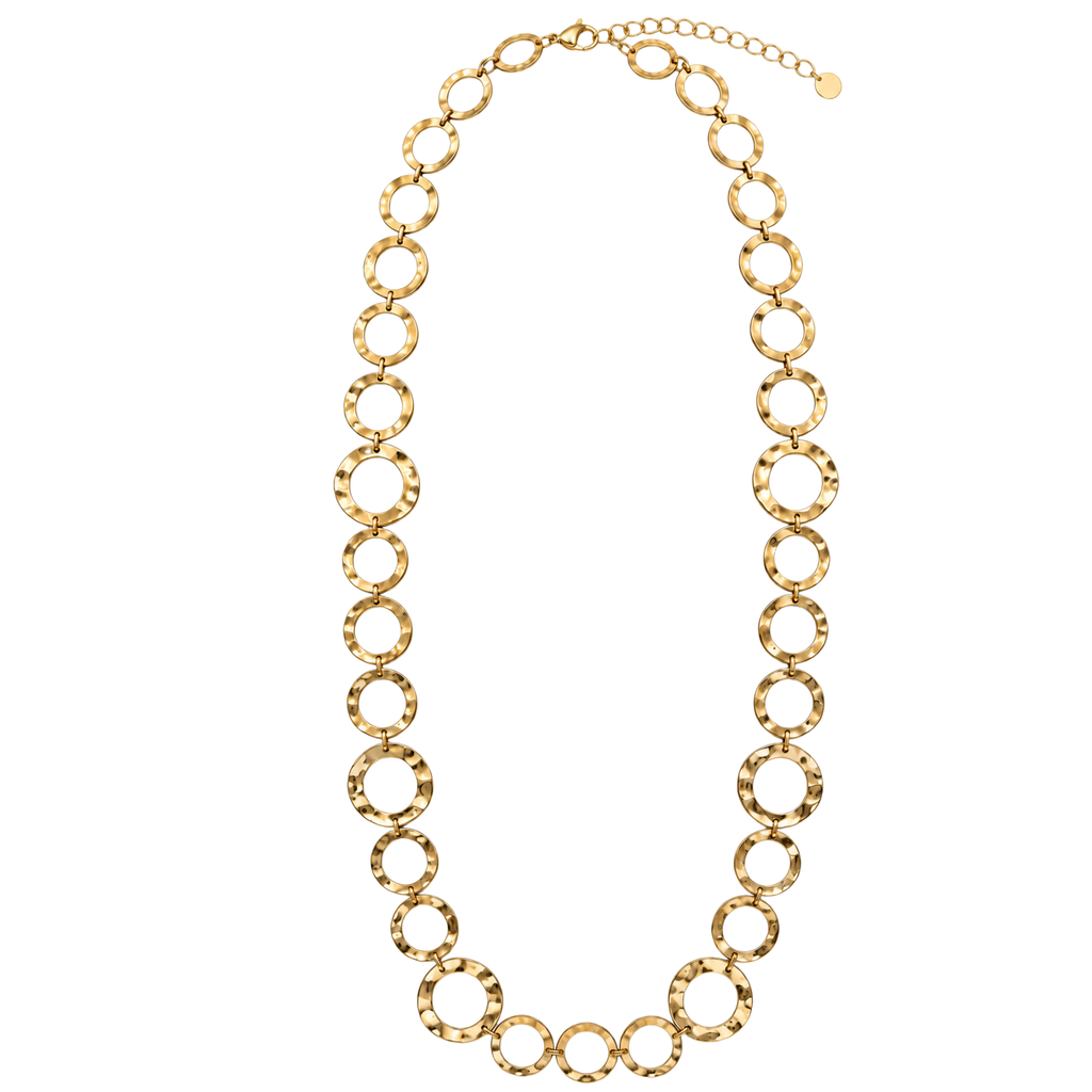 Collana lunga in acciaio inox a catena con anelli circolari martellati