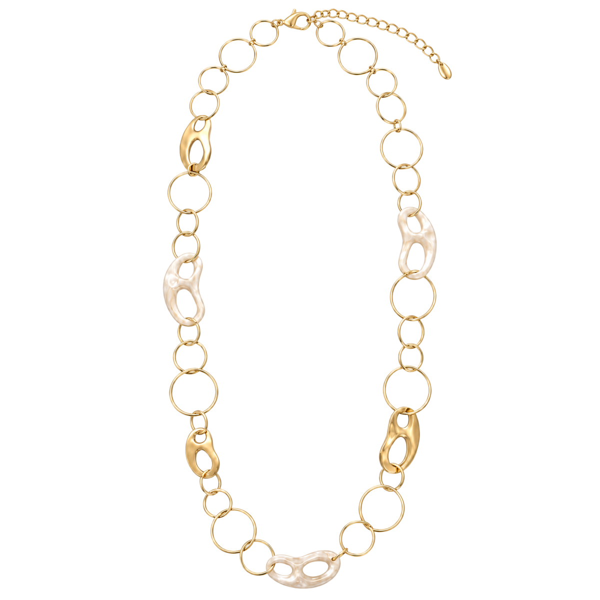 Collana lunga in acciaio inox dorata con anelli e maglie irregolari effetto madreperla