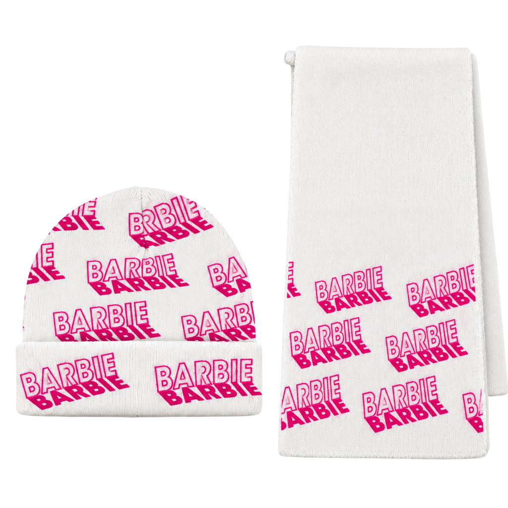 Set Barbie in Maglia con Cappello e Sciarpa a Logo Ripetuto