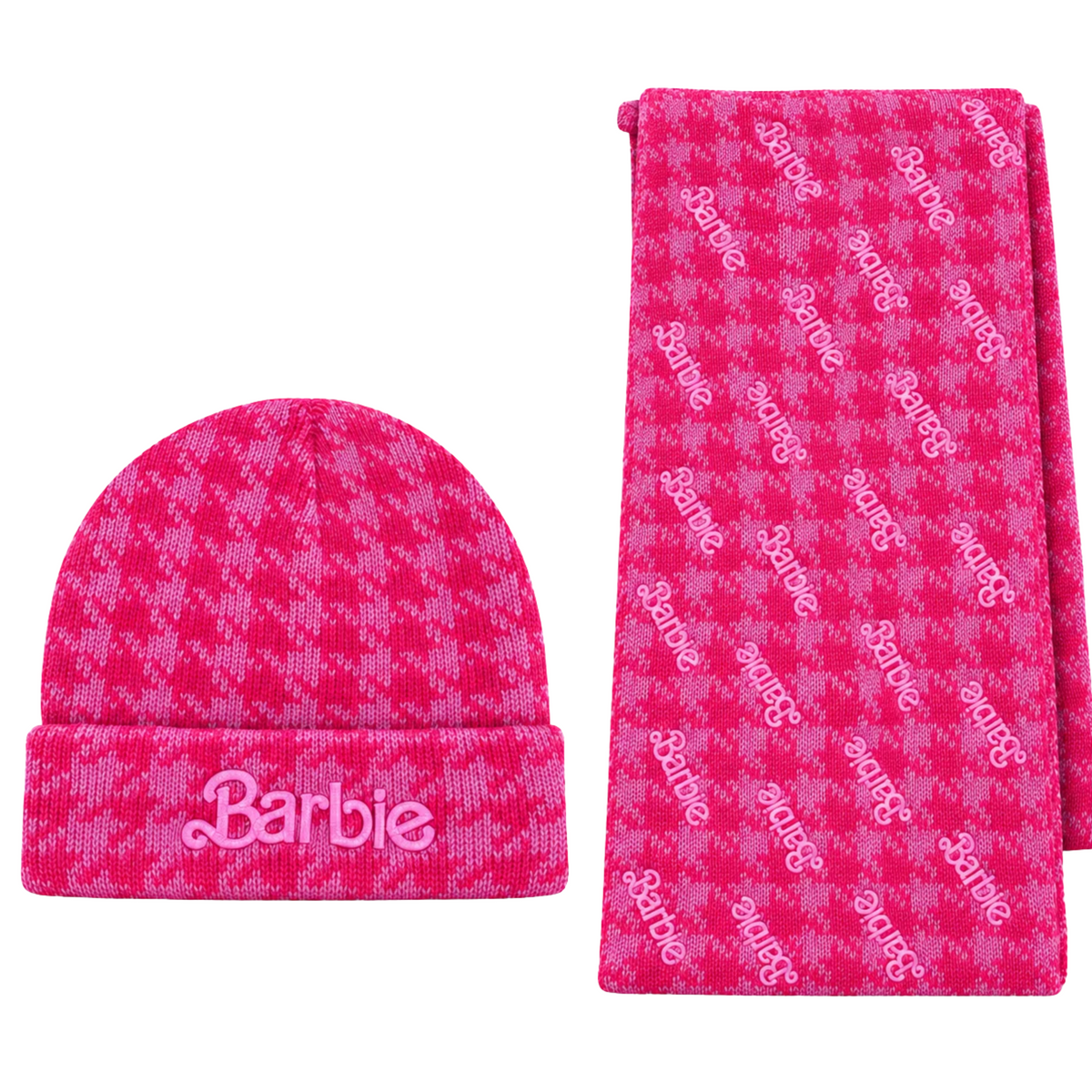 Set Barbie in Maglia Mélange con Cappello e Sciarpa a Logo Ripetuto