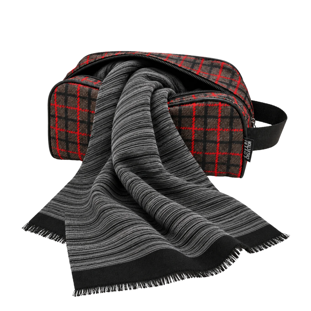 Set Coveri Collection con Sciarpa a Righe Sottili e Beauty Case Tartan