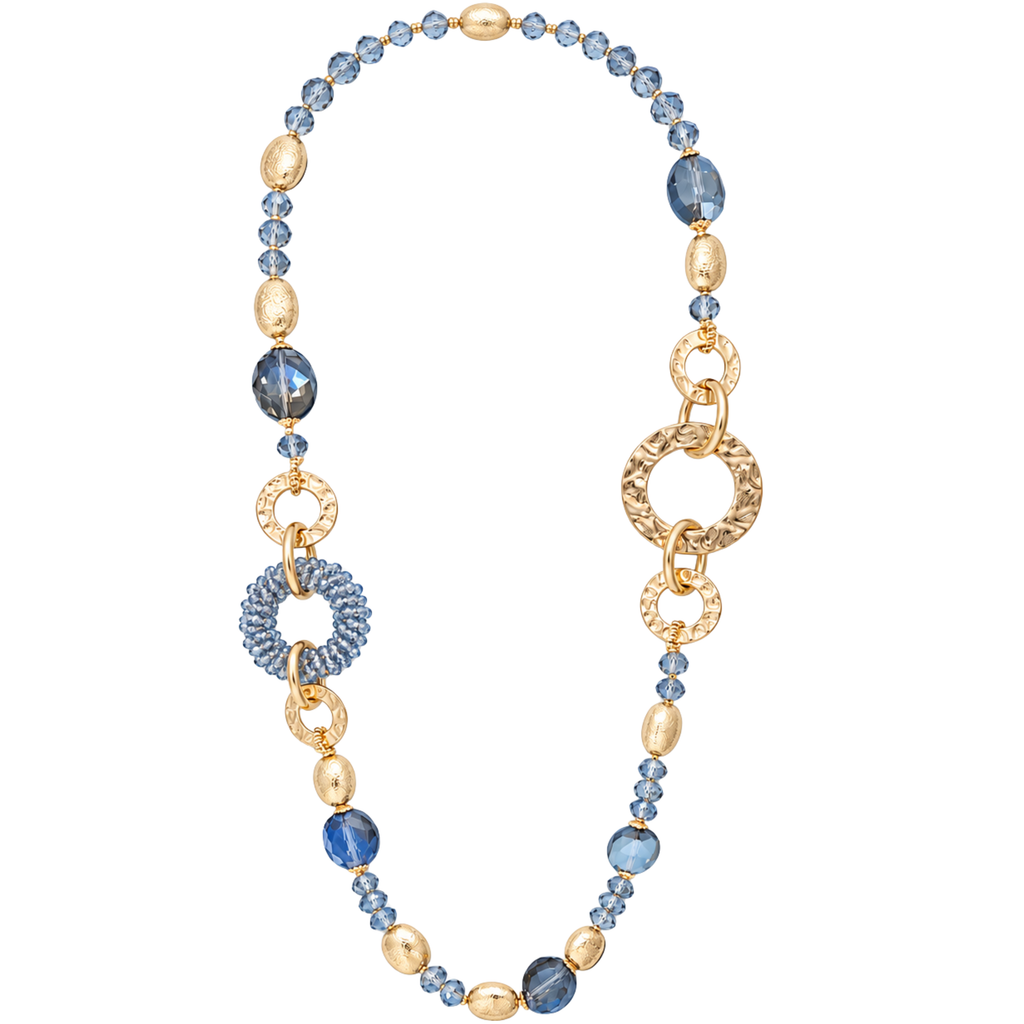 Collana lunga con cristalli e anelli martellati dorati