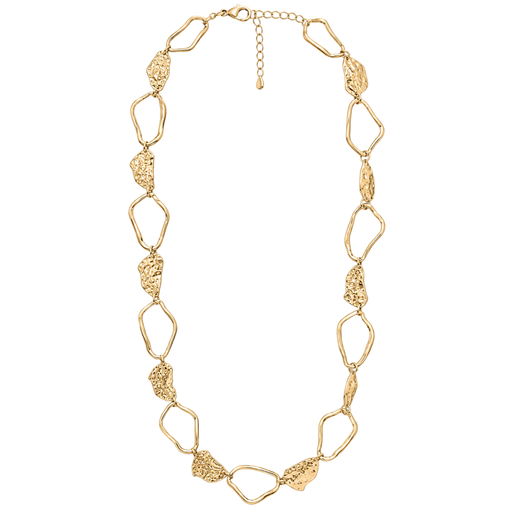 Collana lunga in acciaio inox con maglie irregolari e placche martellate