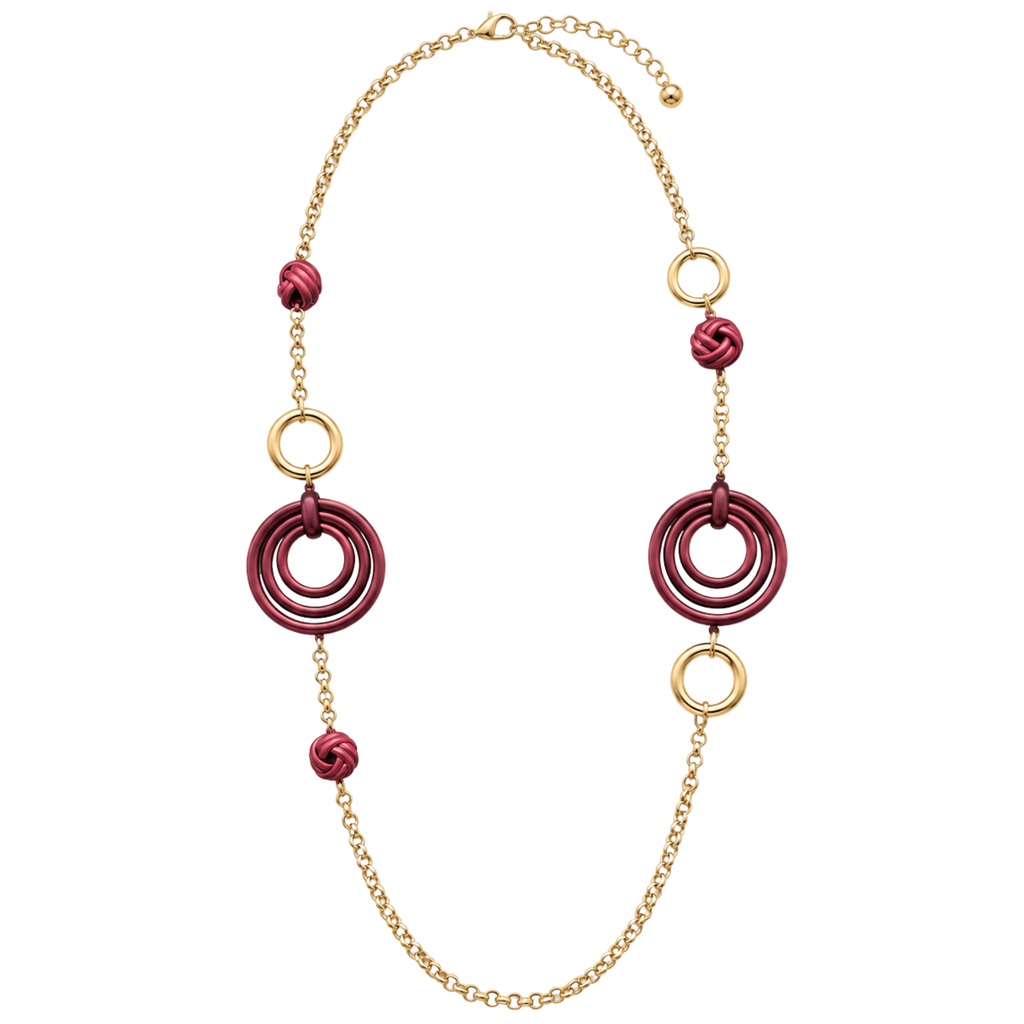 Collana lunga in acciaio inox con cerchi concentrici e nodi decorativi