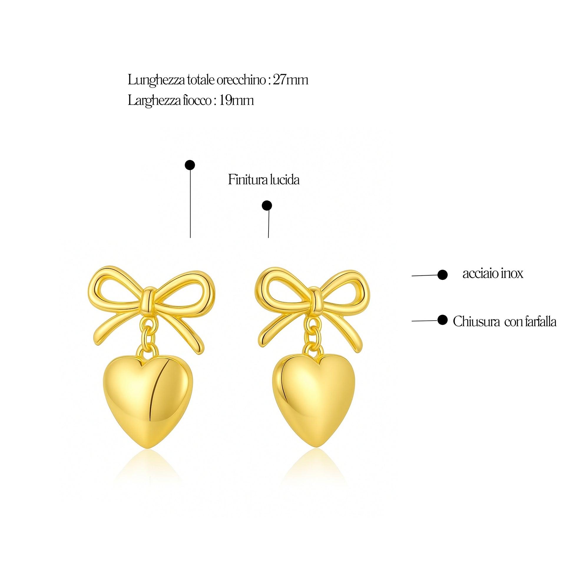 Orecchini Cuore Fiocco in Acciaio Inox - Les Folies