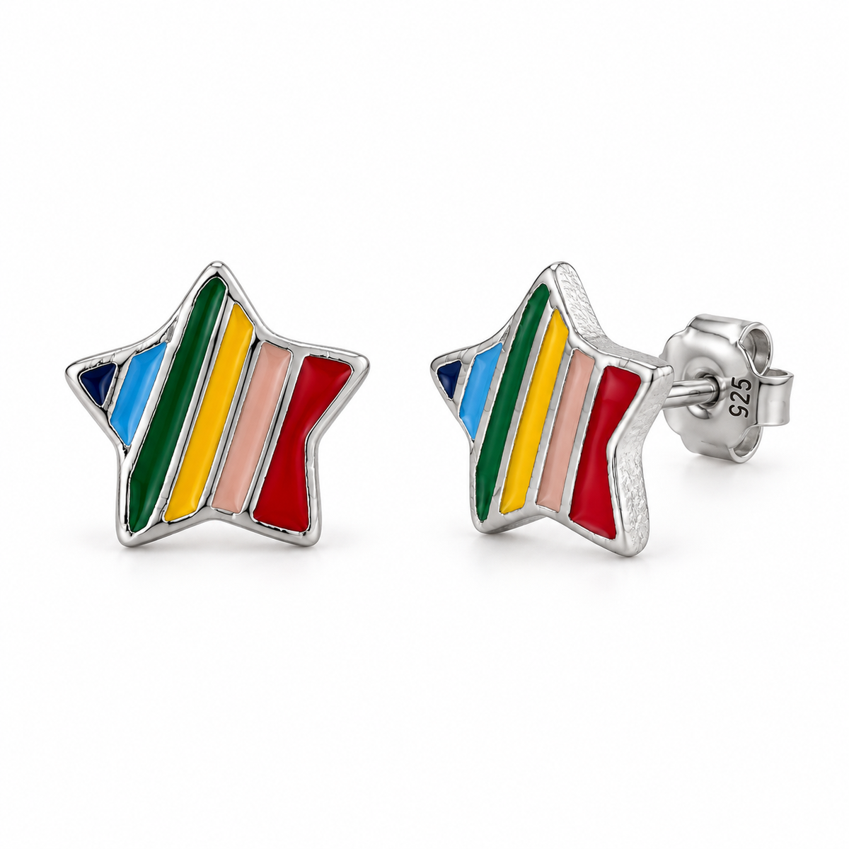 Orecchini a Lobo Stella Arcobaleno in Argento 925 Rodiato con Smalto Multicolore