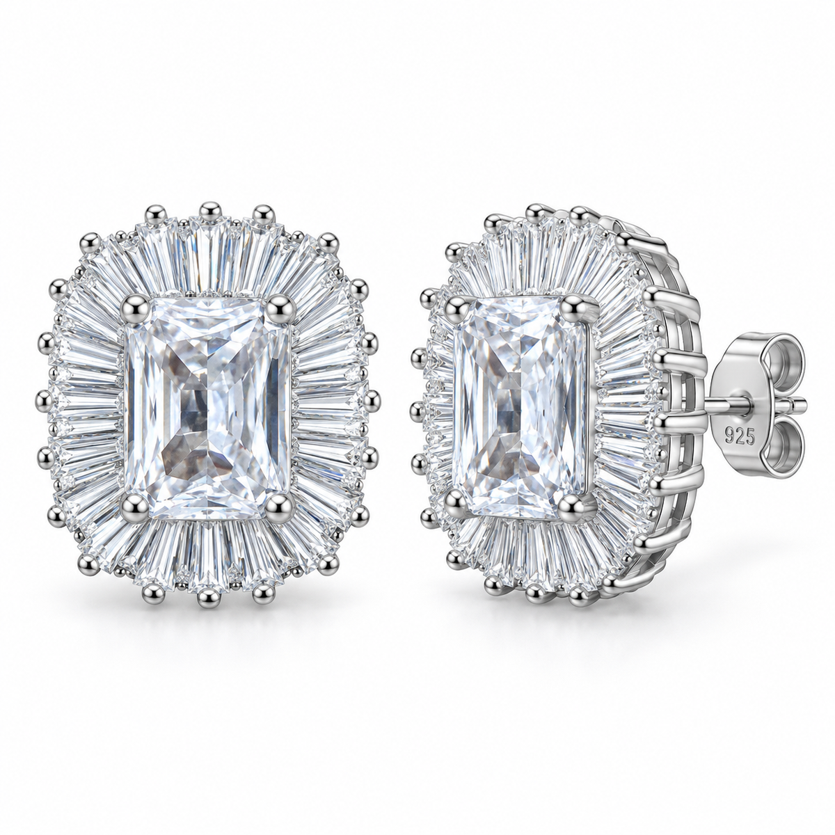Orecchini Royale Rettangolo in Argento 925 Rodiato con Corona di Zirconi Baguette – 13 × 15 mm
