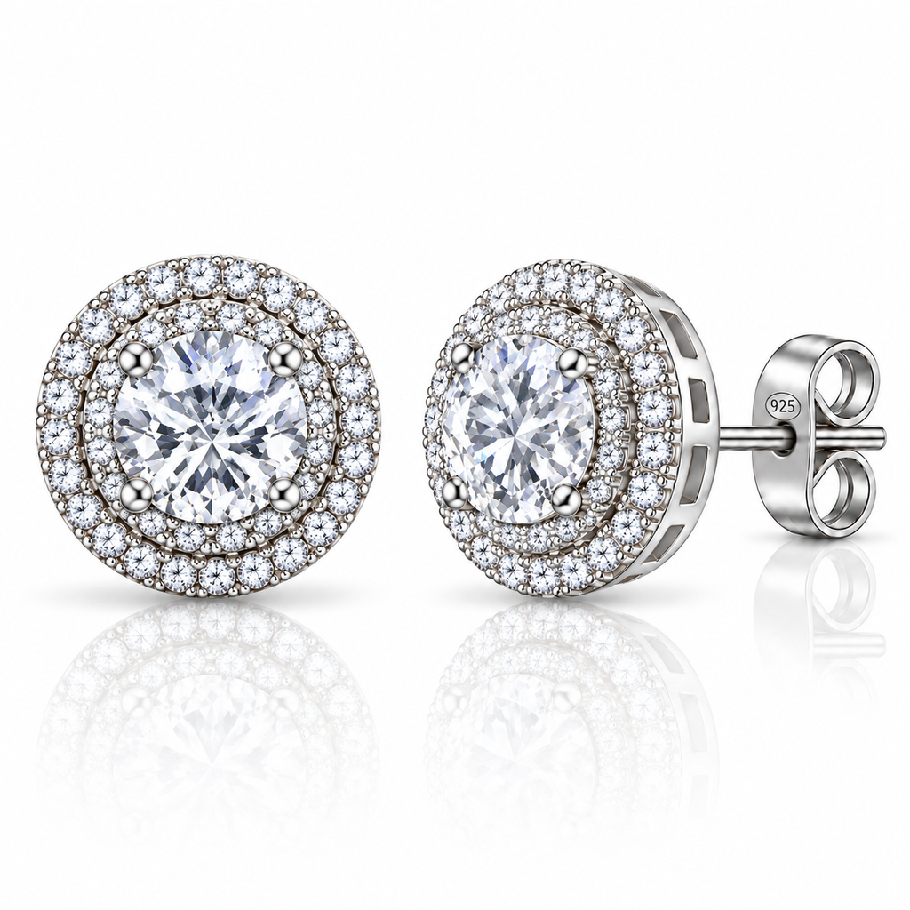 Orecchini a Lobo in Argento 925 con Pietra tonda e doppia Corona di Zirconi 10 mm