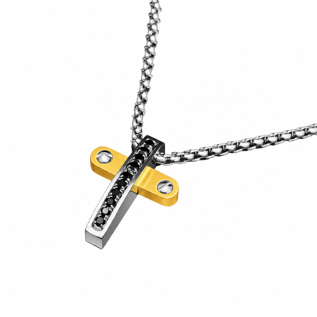 Collana da uomo con croce argento e oro e 10 strass neri in acciaio inox