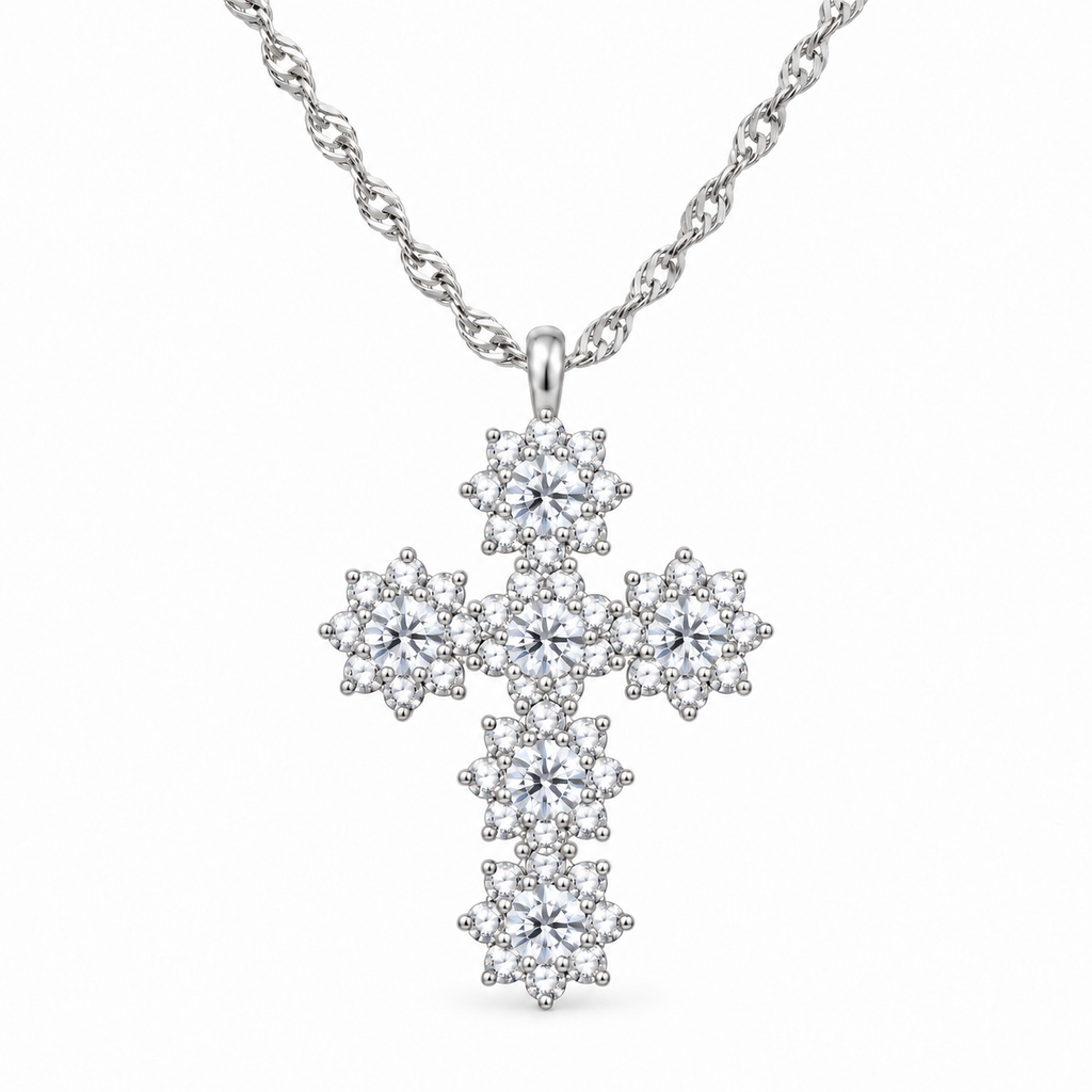 Collana Croce Floreale e pietre in Argento 925