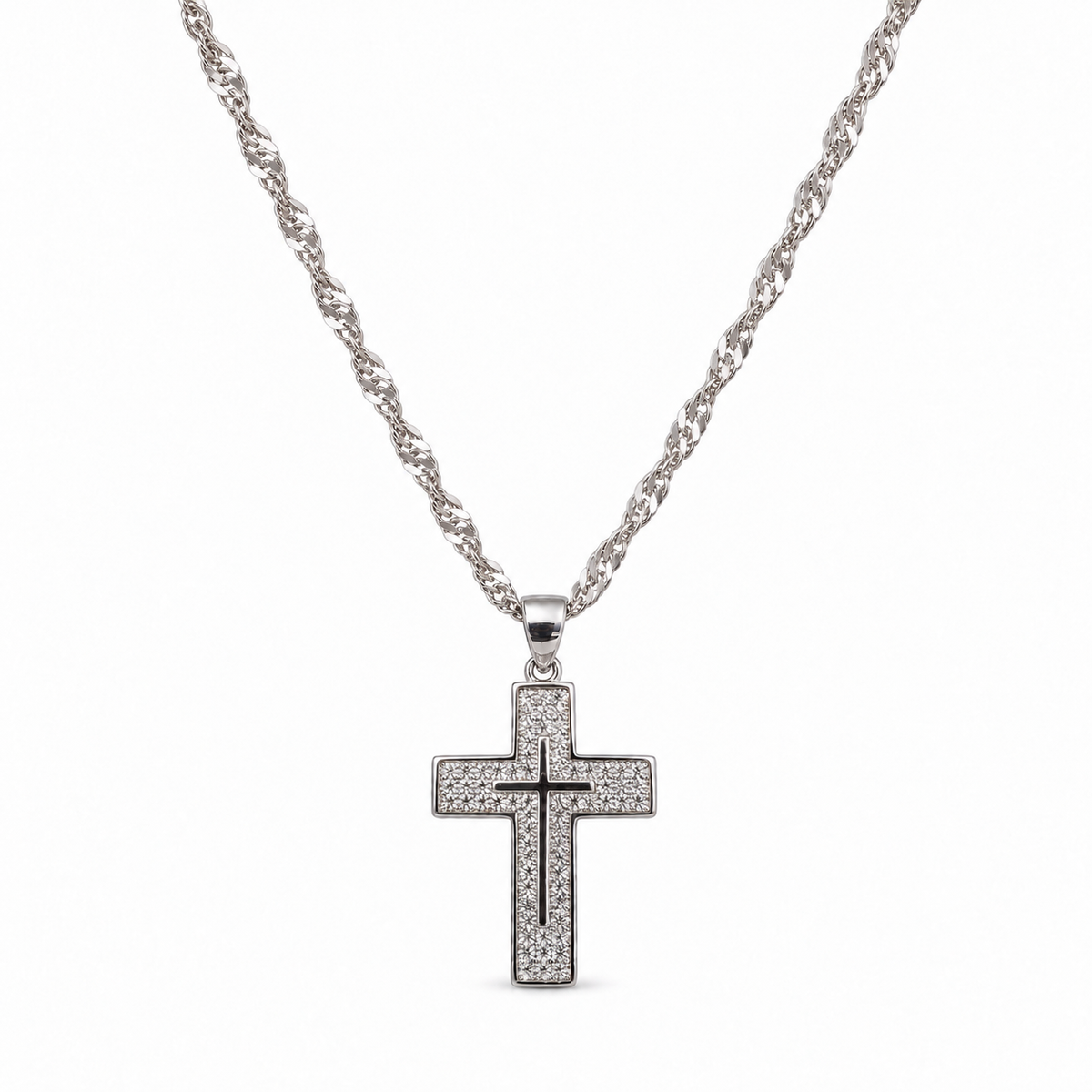 Collar con doble cruz de circonitas en plata de ley 925