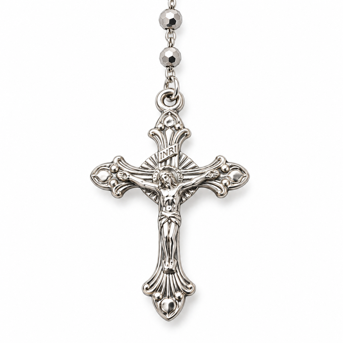 Collana Rosario con Crocifisso pendente e Sfere da 3mm in Argento 925 rodiato