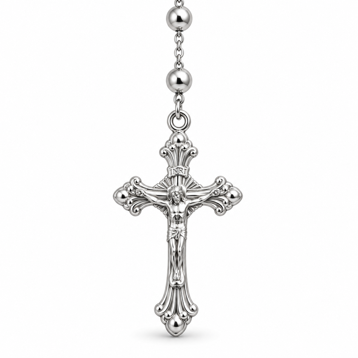 Collana Rosario con Crocifisso pendente e Sfere da 4mm in Argento 925 rodiato