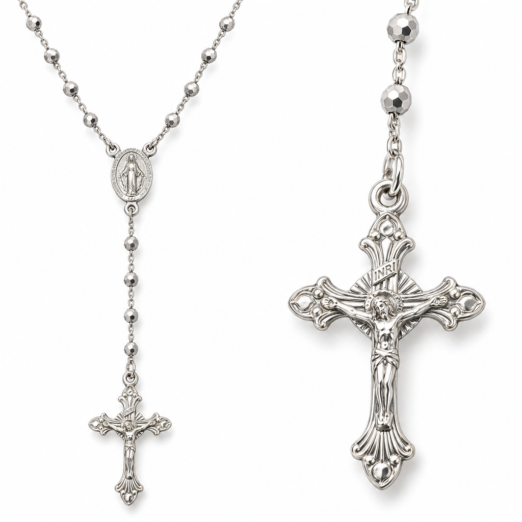 Collana Rosario con Crocifisso pendente e Sfere da 3mm in Argento 925 rodiato