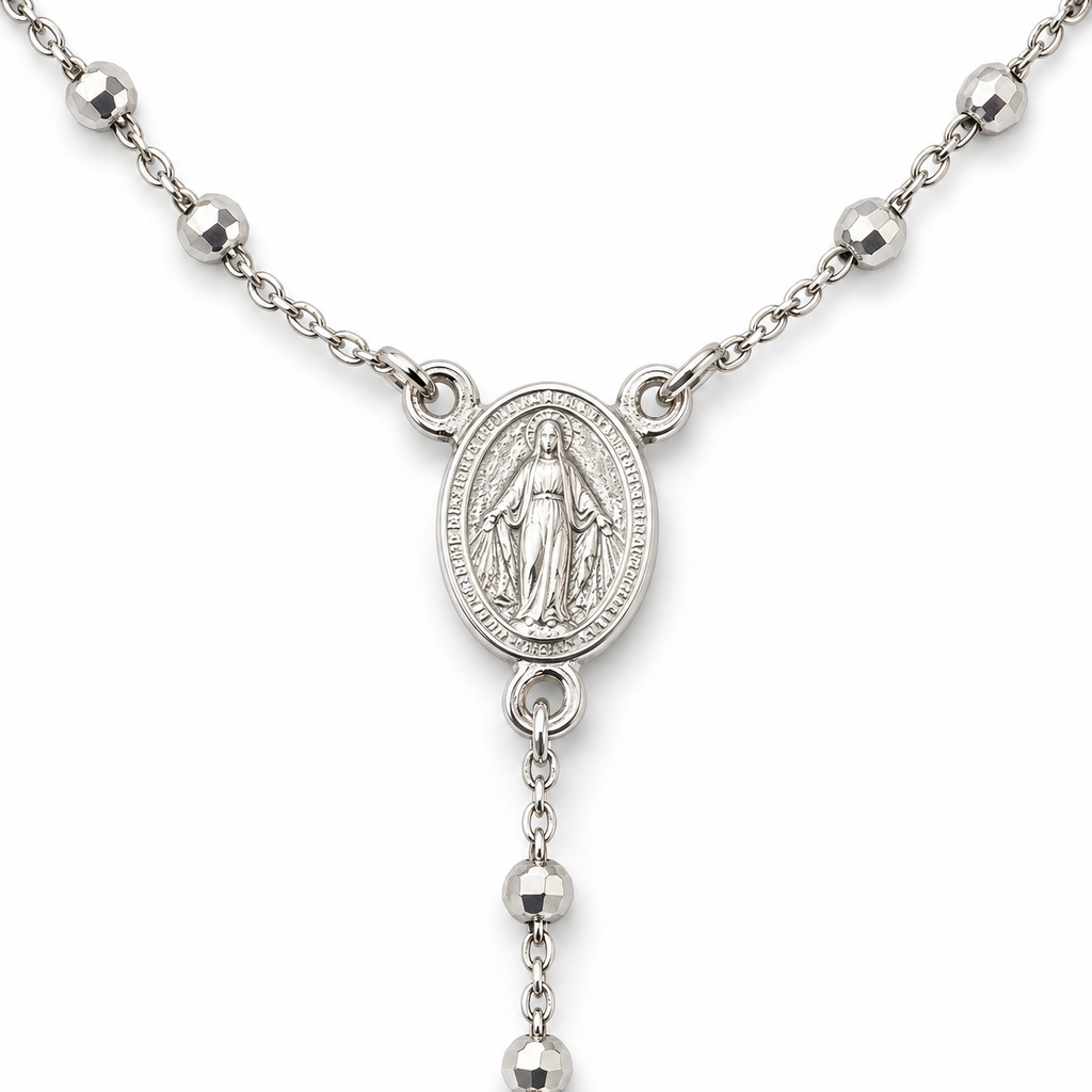 Collana Rosario con Crocifisso pendente e Sfere da 3mm in Argento 925 rodiato