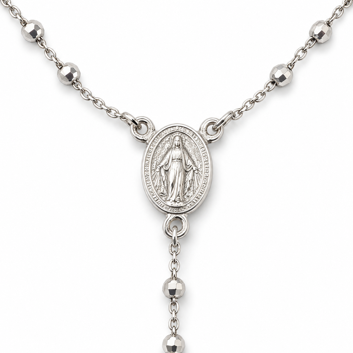 Collana Rosario con Crocifisso pendente e Sfere da 3mm in Argento 925 rodiato