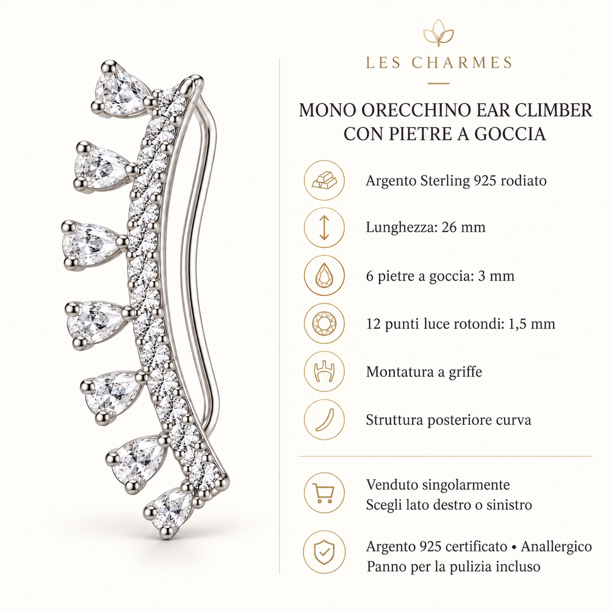 Orecchino Ear Climber Mono con Puntoluce a Goccia in Argento 925 Rodiato