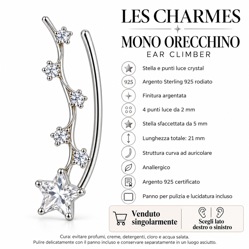 Orecchino Ear Climber mono Ramo di Stelle in Argento 925 Rodiato