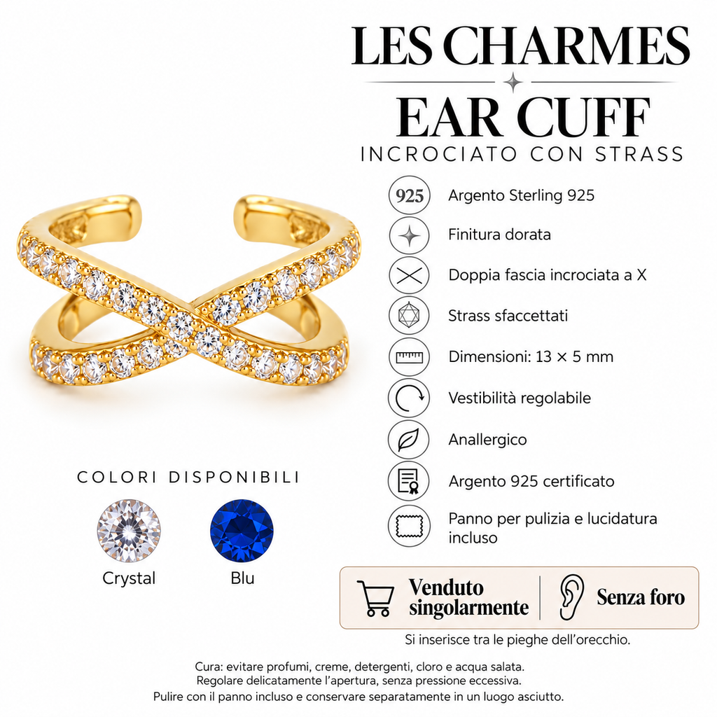 Ear Cuff mono Incrociato in Argento 925 Rodiato