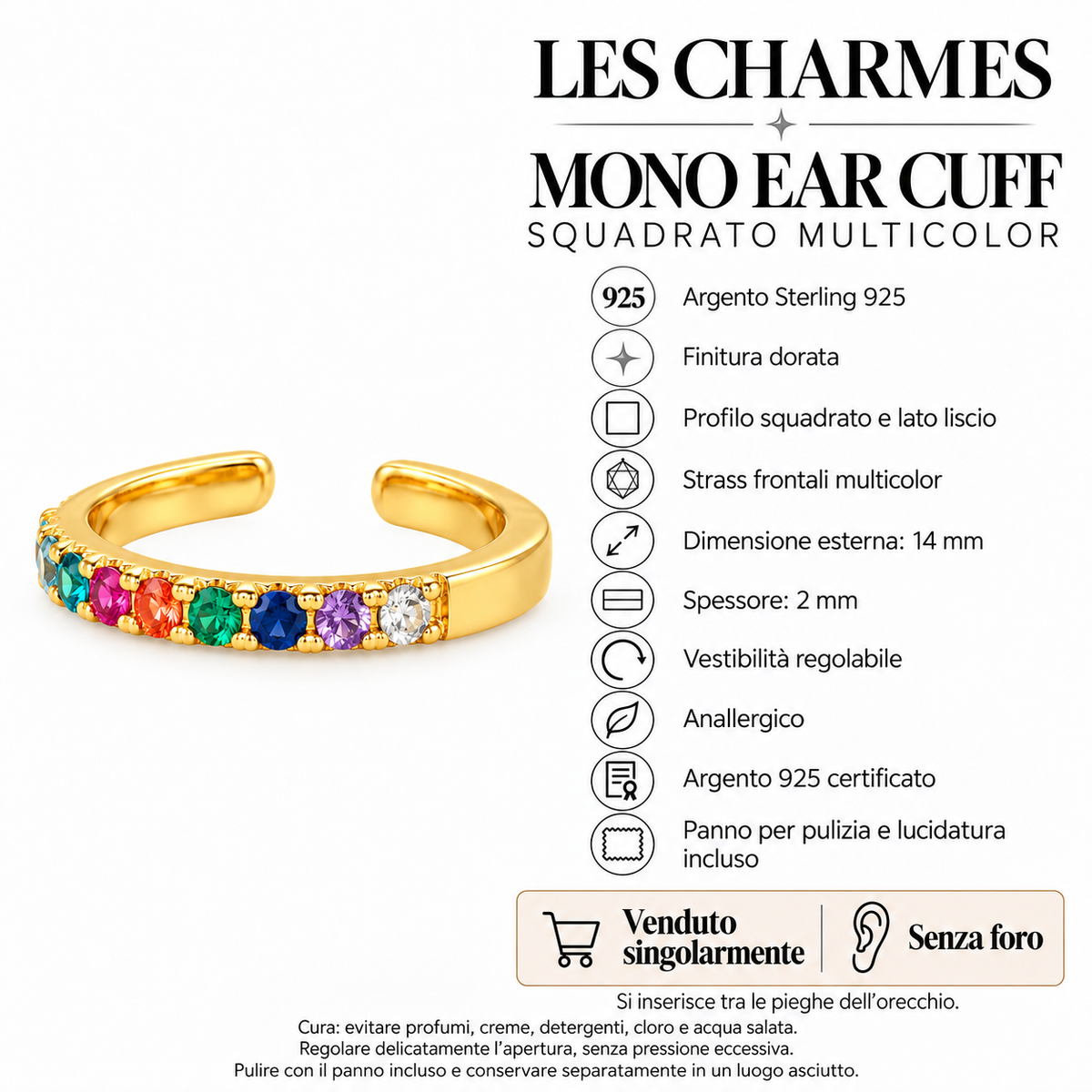 Ear Cuff mono con Strass Multicolor in Argento 925 Rodiato
