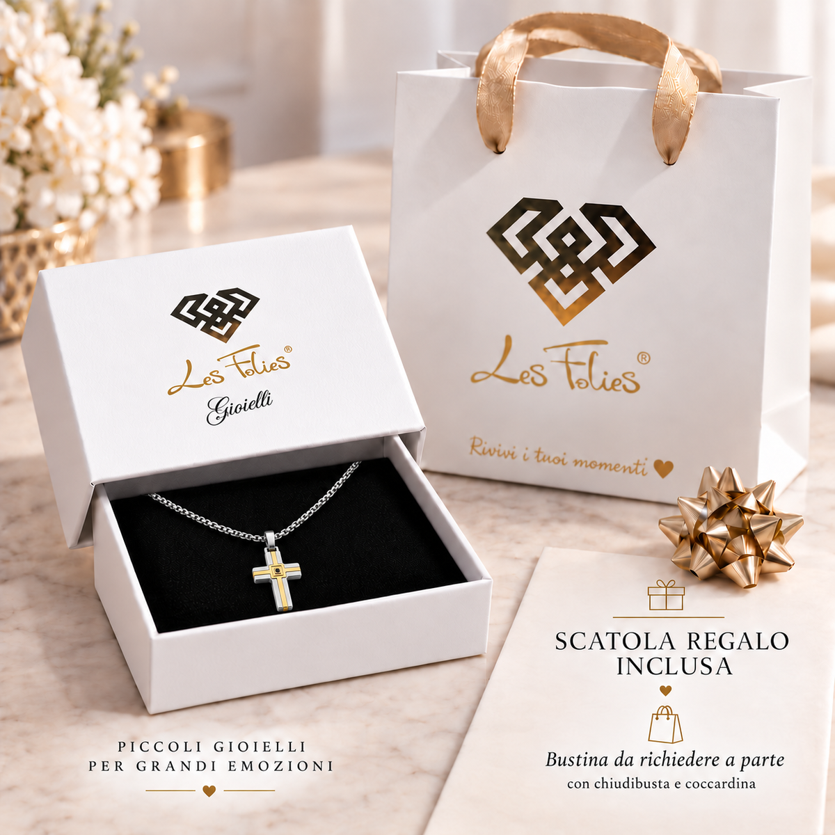 Collana da uomo con croce argento e rosè e strass nero in acciaio inox