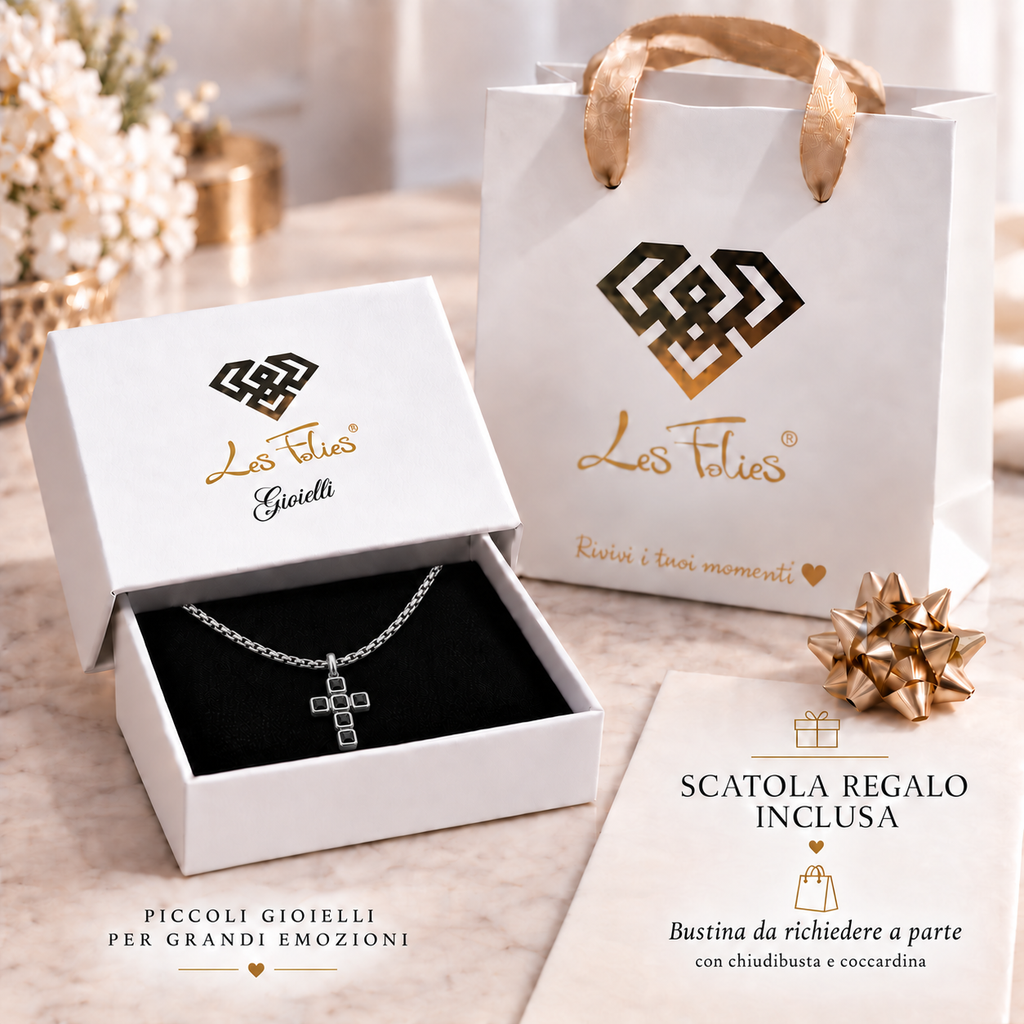 Collana da uomo con croce argento e 6 strass neri quadrati in acciaio inox