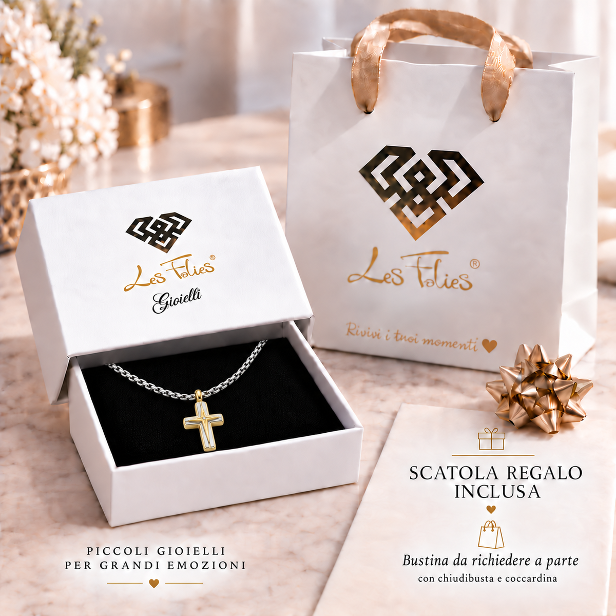 Collana da uomo con croce oro e argento e strass crystal in acciaio inox