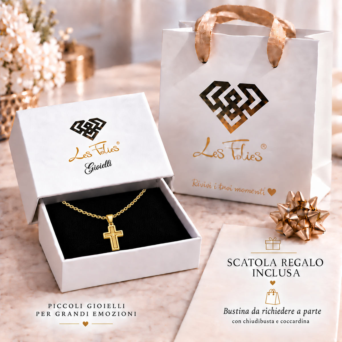 Collana da uomo con croce grande oro con preghiera Padre Nostro in acciaio inox