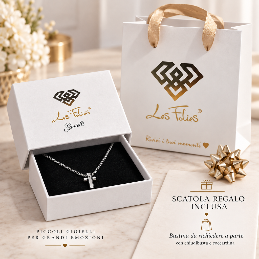 Collana Uomo con croce nera e strass in acciaio inox satinato