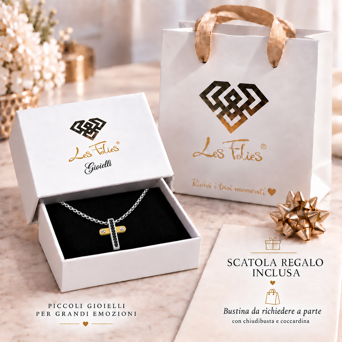 Collana da uomo con croce argento e oro e 10 strass neri in acciaio inox