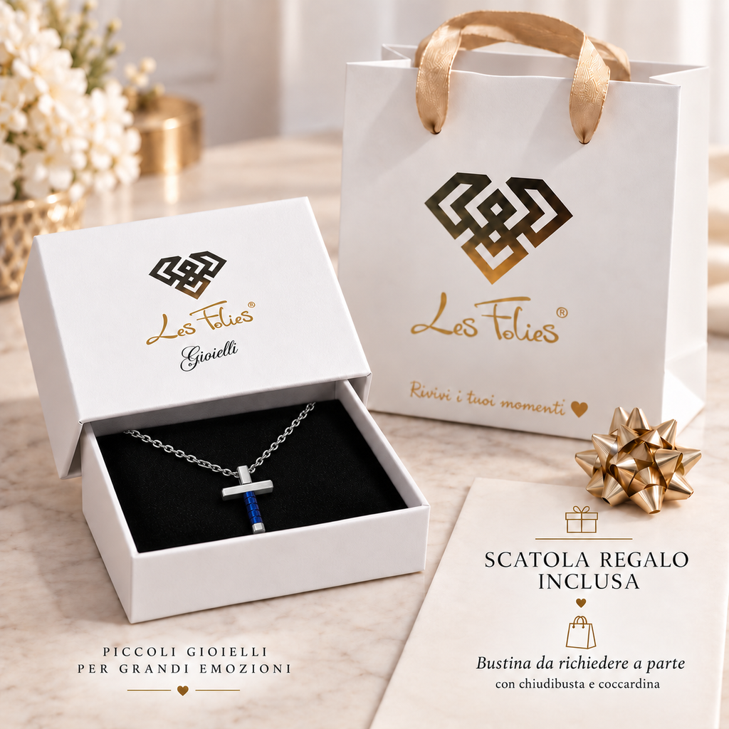 Collana Uomo con croce blu esagonale in acciaio inox