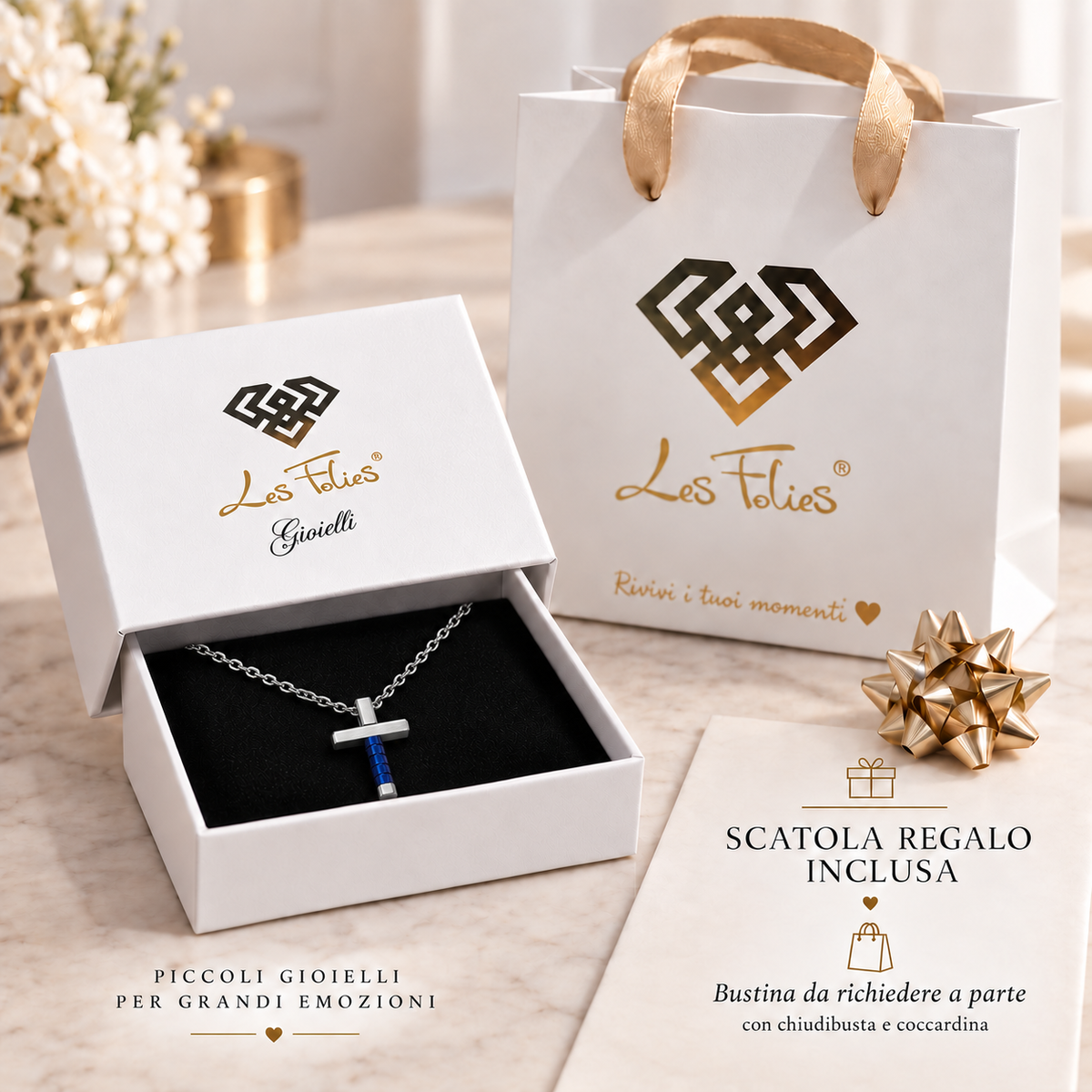 Collana Uomo con croce blu esagonale in acciaio inox