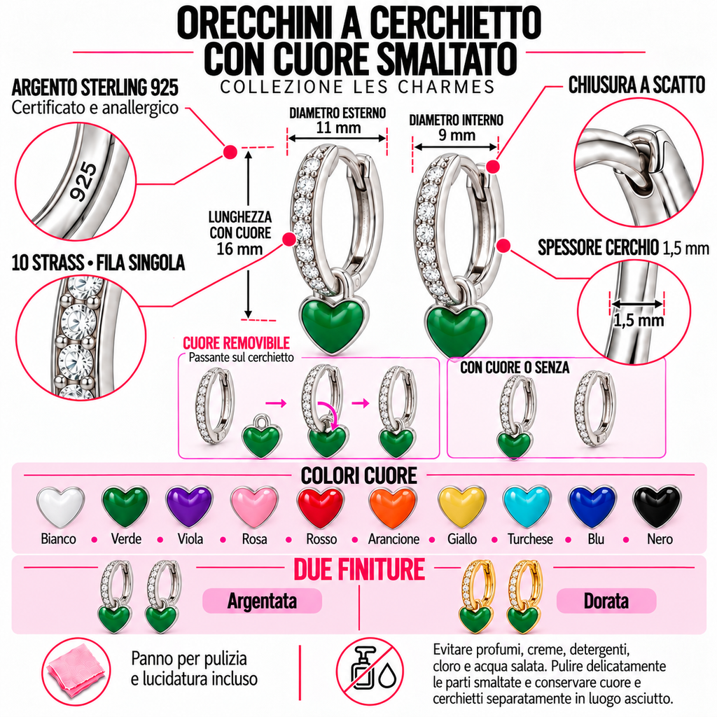 Orecchini a Cerchio con Cuore Smaltato estraibile in Argento 925