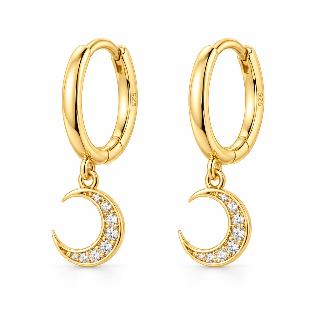 Orecchini a Cerchio con Ciondolo Luna strass in Argento 925