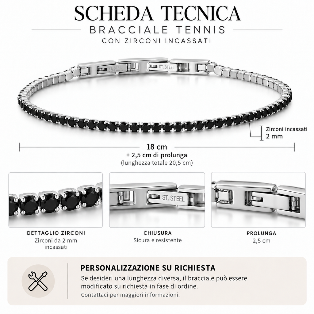 Bracciale Tennis 2mm in acciaio inox con chiusura a scatto unisex