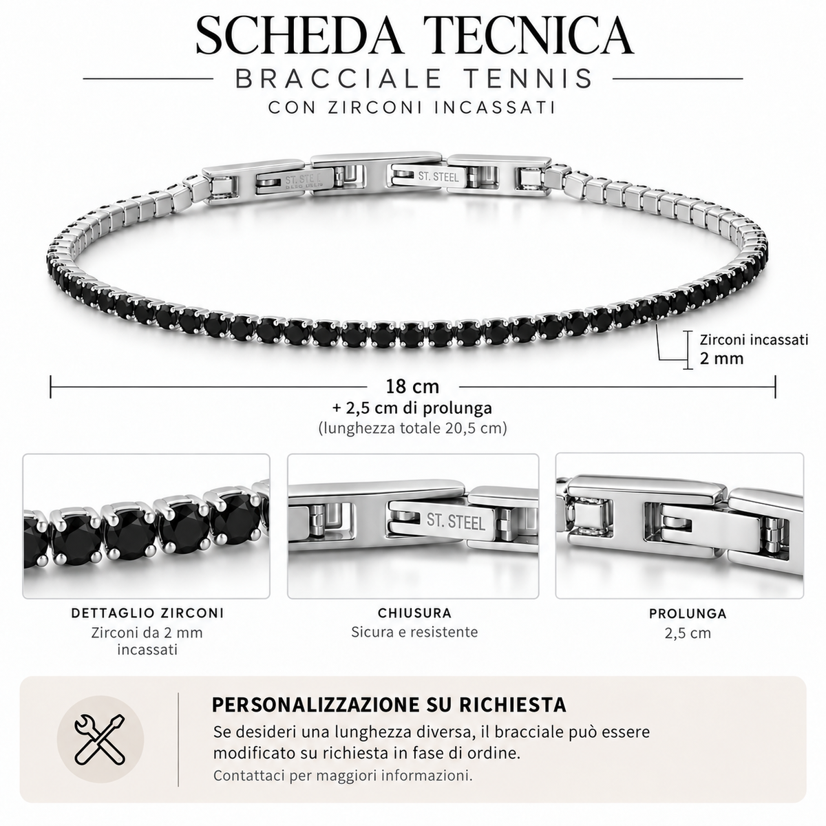 Bracciale Tennis 2mm in acciaio inox con chiusura a scatto unisex