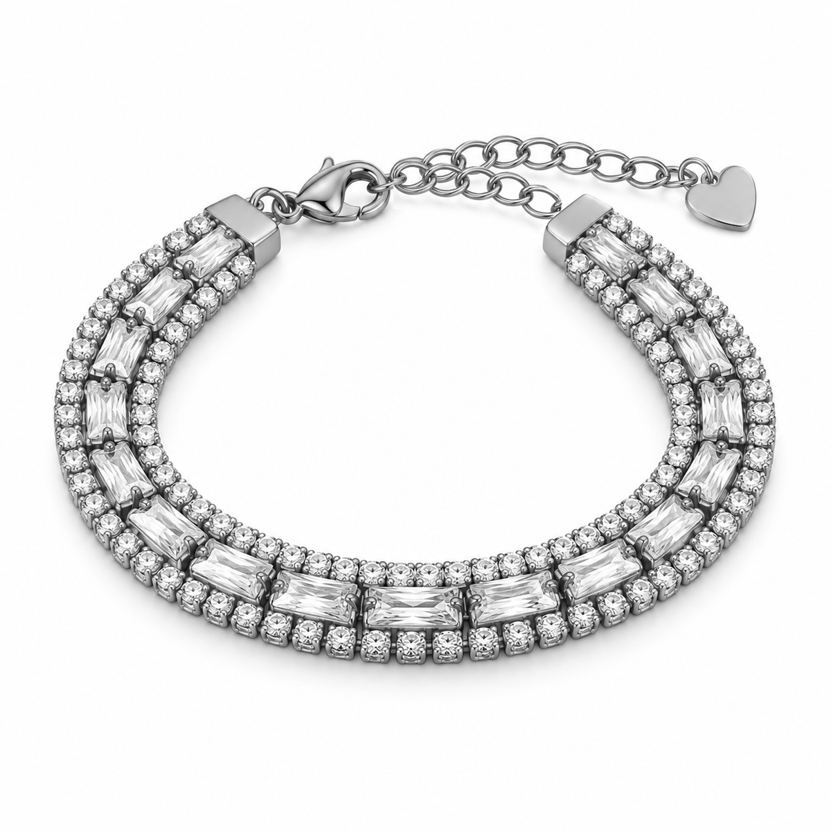 Bracciale Tennis in acciaio inox con zirconi taglio baguette 6x3mm e 2 file di strass 2mm