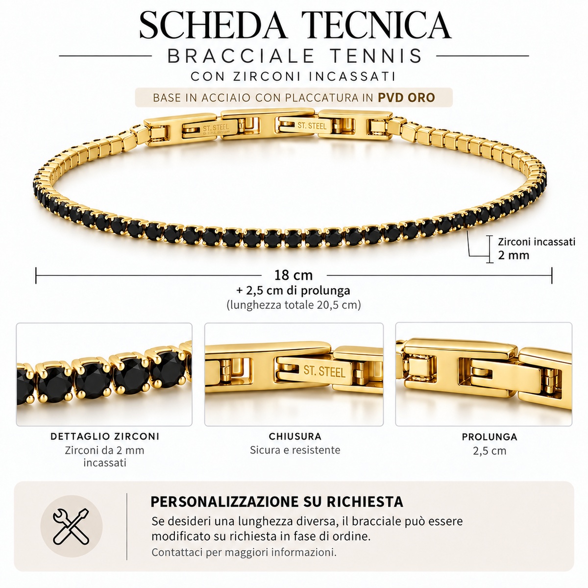 Bracciale Tennis 2mm in acciaio inox placcati oro con chiusura a scatto unisex