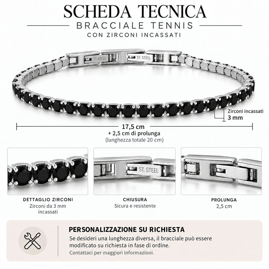 Bracciale Tennis 3mm in acciaio inox con chiusura a scatto unisex