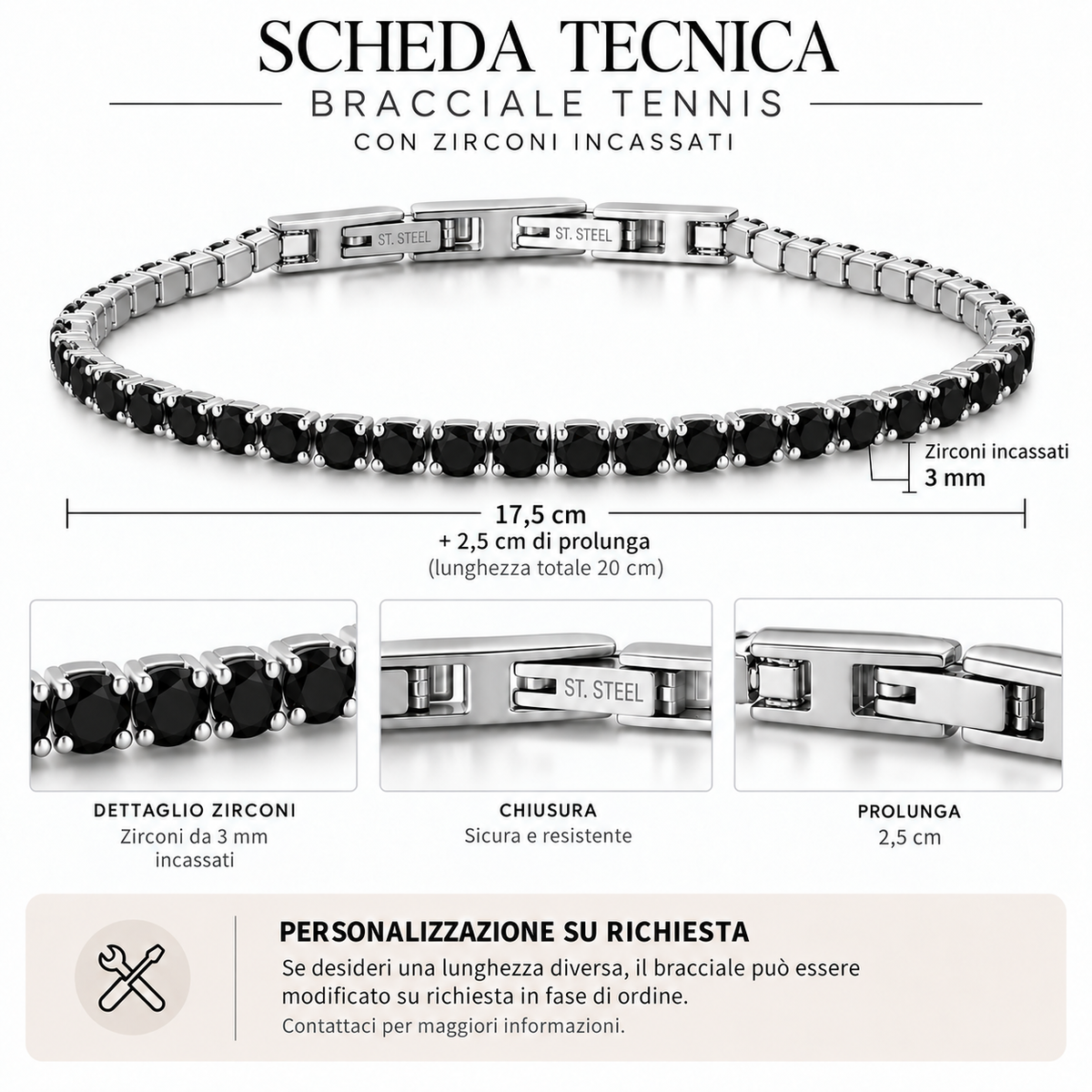 Bracciale Tennis 3mm in acciaio inox con chiusura a scatto unisex
